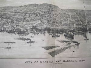 Partie centrale du dessin 1886 ou le port de la Ville de Montréal et Harbour. Plusieurs moyens de transport maritime sont présent, dont un multitude de bateau à aubes, à vapeur, un remorqueur, des voiliers, des chaloupe 